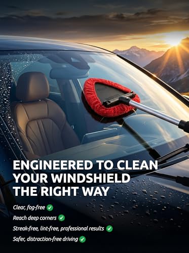 TAKAVU Windshield Window Cleaner Tool, Extendable Long-Reach Handle, Unique Pivoting Triangular Head, 3 Washable Reusable Microfiber Bonnets, Car & Home Inside Interior Exterior Use - Lint Free (Red) - color: Black & Red