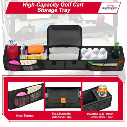Golf Cart Front Storage Basket, No-Drilling Organizer Tray With Cooling Compartment & Insulated Cup Holders, Universal Storage Tray Fit for EZGO Club Car Yamaha Golf Carts (Black, 1680D Oxford Fabric)