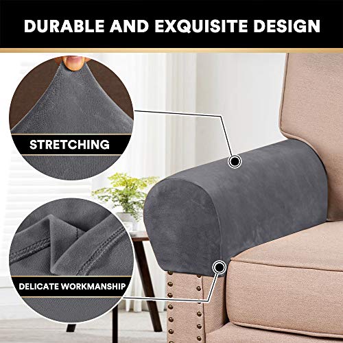 PrinceDeco 4 Pack Thick Velvet Stretch Armrest Covers for Chairs, Sofas & Armchairs - Non Slip, Grey - color: Grey