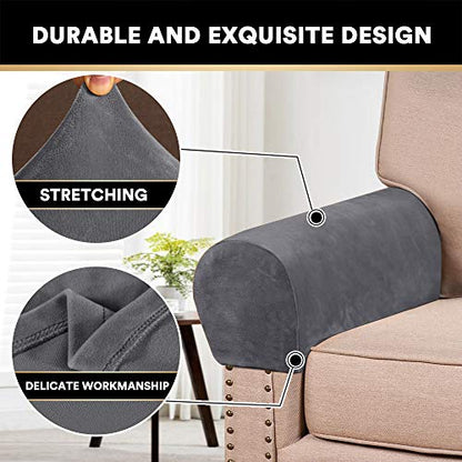 PrinceDeco 4 Pack Thick Velvet Stretch Armrest Covers for Chairs, Sofas & Armchairs - Non Slip, Grey - color: Grey