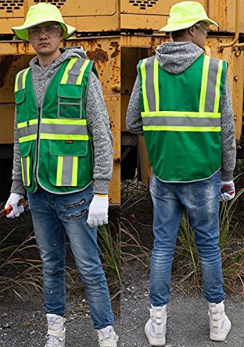 zojo High Visibility Safety Vest, 5PCS,Reflective with Multi-Functional Pockets and Zipper,for Men Women work(Green-Strip) - color: Green-strip