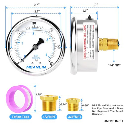 MEANLIN MEASURE 0~60Psi Stainless Steel 1/4" NPT 2.5" FACE DIAL Liquid Filled Pressure Gauge, Pool Sand Filter Pressure Test Center Back Mount, with 1/2" NPT and 3/8" NPT Hex Bushing - size: 0-60Psi