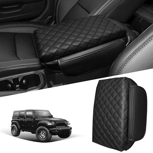 Center Console Cover for Jeep Wrangler JL 2018-2026 & Gladiator JT 2020-2026 1.2in Thickness Armrest Cover Leather Arm Rest Lid Protector Cushion Pad with Stroage Pockets Interior Accessories (Black) - color: Black