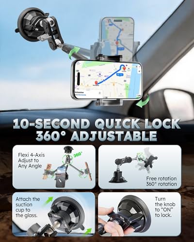 Heavy Duty Phone Mount for Truck, Suction Cup Windshield Car Phone Holder, Ultra-Durable Mteal Car PhoneHolder for F- 150 RAM Silverado Kenworth Peterbilt Freightliner, 360° Anti-Shake Car Phone Mount - style: Extended black