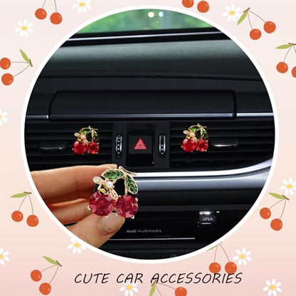 ORIESSE Cherry Car Decor,2pcs Bee Leaf Cherry Car Air Freshener Vent Clips,Cute Retro Sweet Themed DashBoard Decoration Accessories for Women Teens,Refillable Aroma Diffuser