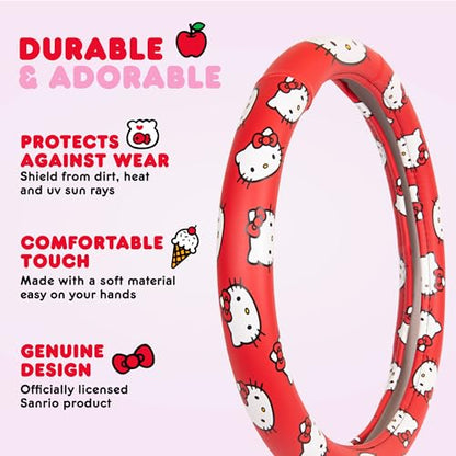Hello Kitty Steering Wheel Cover Official Sanrio Car Accessory Universal Size 14.5 to 15 Inch Cute Red Design for Women Girls Sedans SUVs Trucks, Anti-Slip Grip, Stretch-Fit Design - style: Hello Kitty Red