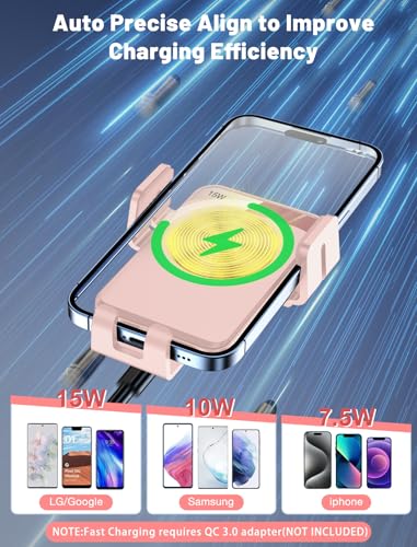 Wireless Car Charger, MOKPR Auto-Clamping Car Mount 15W/10W/7.5W Fast Charging Air Vent Car Phone Mount Compatible with iPhone 15/14/13/13 Pro/12 Pro Max/12 pro/12/11/10 Series, Samsung Galaxy Pink - color: Pink