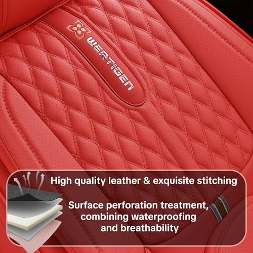Red Car Seat Covers, Universal Fit for Most Vehicles, Premium Waterproof Leather, Pet-Friendly Car Seat Covers with Lumbar Support, Non-Slip, Airbag Compatible, Protects Car Interior - color: Red