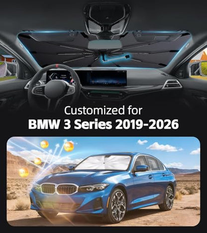 Windshield Sun Shade for BMW 3 Series 2019-2026 with 360° Rotating Shaft, Custom Fit Umbrella Sunshade for UV Blocking, Interior Heat Protection, Easy Storage - size: Fit for BMW 3 Series 2019-2026