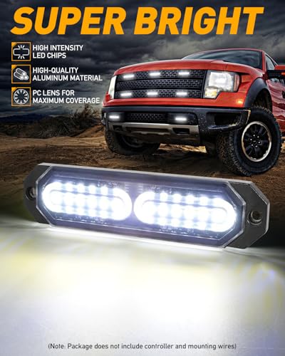 HLauto 1200T Emergency Strobe Grille Lights: 8pcs 12 LED Sync Feature Safety Warning Flashing Light, Ultra Slim Surface Mount Hazard Caution Light for Trucks, Vehicles, Car, ATV, UTV (White) - color: White