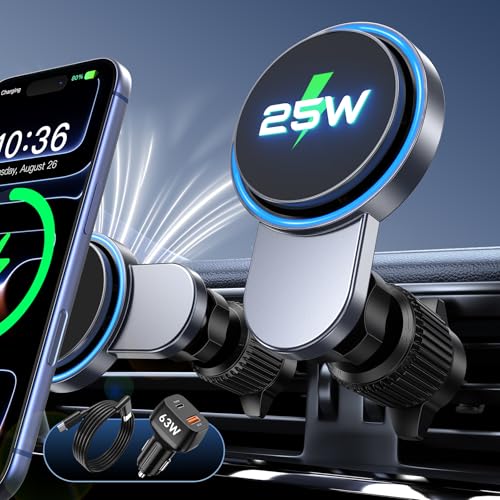 for 25W Magsafe Car Mount Charger with [Cooling Fan], Magnetic Phone Holder for Car, Car Vent Phone Mount with 63W Car Charger, Magnetic Wireless Car Charger for iPhone 17/16/15/14/13/12 Series