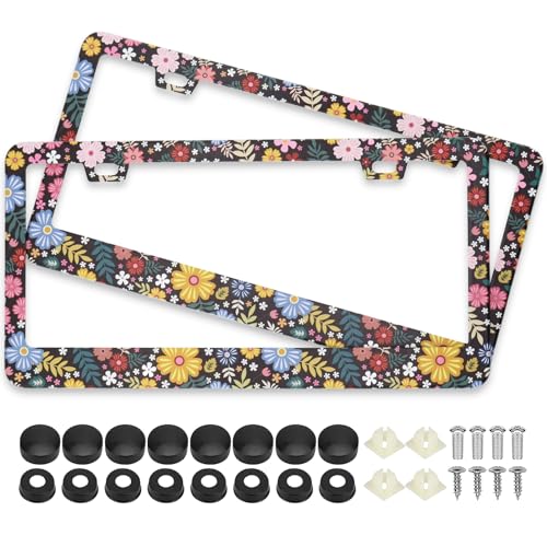 Personalise Colorful Floral Flowers License Plate Frames, 2 Pack Flowers Car Plate Frame, Stainless Steel License Plate Holders Covers with Free Screws Fasteners Caps (Colorful Floral Flowers) - color: Colorful Floral Flowers