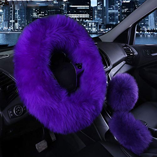 1 Set 3 Pcs Car Steering Wheel Cover & Handbrake Cover & Gear Shift Cover Set Faux Wool Warm Winter (Violet-3pcs) - color: Violet-3pcs