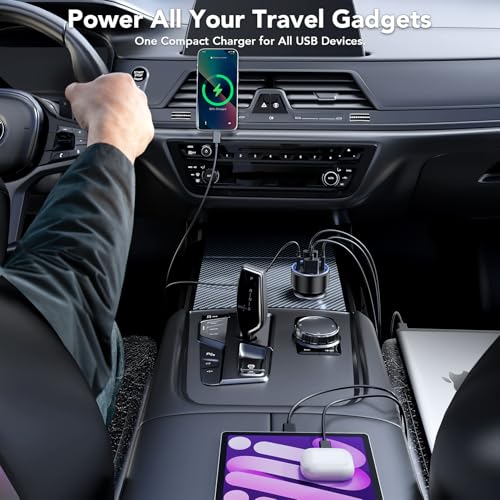 4-Port USB C Car Charger Fast Charging, Car Phone Charger Adapter with 30W PD & QC3.0 Dual USB C & USB A Port Real-Time LED Voltmeter 12V/24V Cigarette Lighter Adapter for iPhone Galaxy & Android - color: Grey