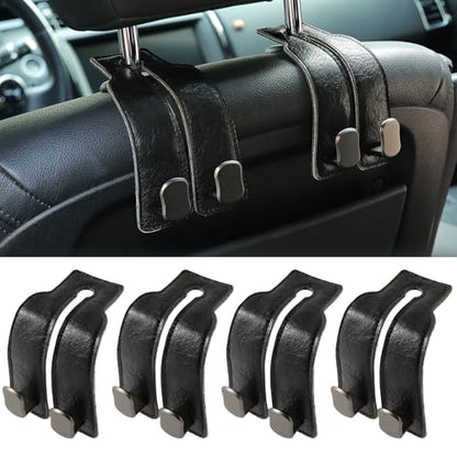 KINIVA Car Seat Headrest Storage Hooks, Set of 2, Suede PU Leather, Double Hooks (06-Black 4 Pack) - color: 06-Black 4 pack