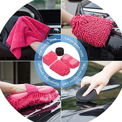 22Pcs Car Wash Cleaning Tools Kit Car Detailing Set with Canvas Bag Pink Collapsible Bucket Wash Mitt Sponge Towels Tire Brush Window Scraper Duster Complete Interior Car Care Kit - color: Pink
