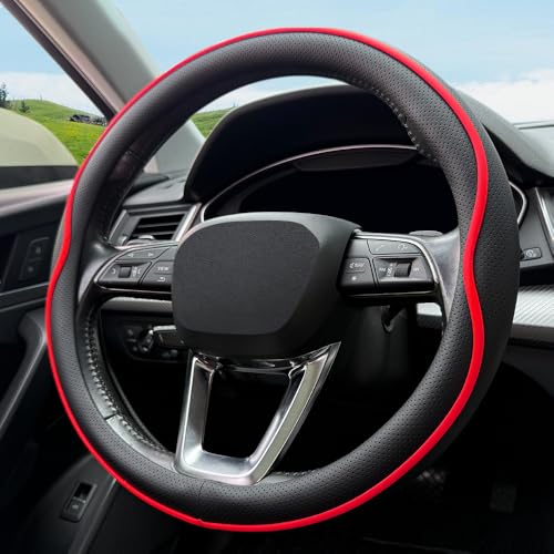 HAOTULE Leather Steering Wheel Cover， with Anti-Slip Stripe Design - Enhanced Grip, Fashion Style, Safe, Non-Slip, Breathable. Upgrade car Interior，Black red - color: Black red