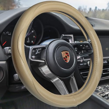 HAOKAY Top Grade Beige Genuine Leather Steering Wheel Cover Men Women, Luxury Steering Wheel Cover for Cars, SUVS and Trucks, Universal 14.5-15 inch - color: BEIGE
