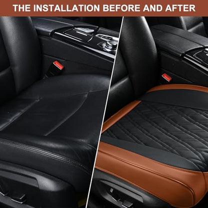TIEHESYT Luxury Faux Leather Car Seat Cover Front Bottom Protector, Seat Cushion Without Backrest, Anti-Slip and Wrap Around The Bottom, Fit Most Cars & Vehicles, 2 Piece, Brown&Black - color: Brown&Black, size: 2 PCS