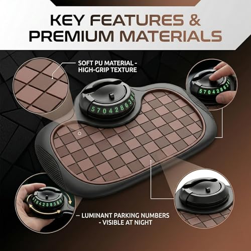 Multifunction Car Anti-Slip Mat,Car Anti Slip Mat Phone Holder For Dashboard,Multifunctional Car Dashboard Phone Holder,With Temporary Parking Numbe For Phone Sunglasses Keys Brown and black square