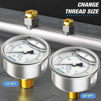 MEANLIN MEASURE 0~30Psi Stainless Steel 1/4" NPT 2.5" FACE DIAL Liquid Filled Pressure Gauge WOG Water Oil Air Center Back Mount, with 1/2" NPT and 3/8" NPT Hex Bushing - size: 0-30psi