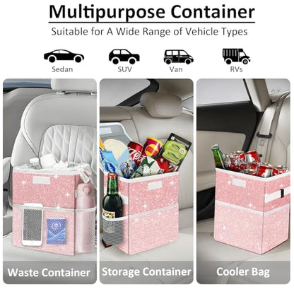 Cute Mini Car Trash Bag with Lid, Glitter Garbage Can Bin Hanging for Back/Front Seat/Console, Waterproof, Leakproof, 2.5 Gallon, Pink Bling Sparkly - color: Pink Bling Sparkly