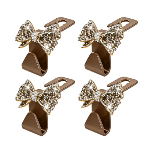 Zpana Bling Car Headreat Hook, 2PCS Crystal Rhinestone Cute Bow Vehicle Seat Back Hanger Storage for Purses Bags Grocery, Diamond Auto Rear Seat Organizer, Universal for SUV Truck Sedan (Gold) - style: Gold/4PCS