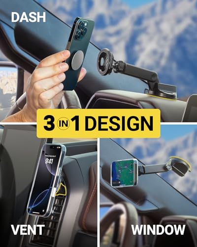Scosche MagSafe Car Mount, Suction Cup Magnetic Windshield/Dashboard Cell Phone Holder with Vent Clip & Adjustable Flip Arm Compatible with PopSocket, iPhone 17/16/15/14/13/12, Samsung Galaxy, 2-Pack - size: 2 Pack, style: Vent / Window / Dash Extendo Suc