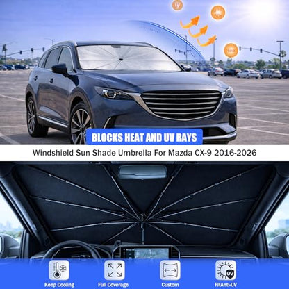 2026 Upgraded Car Windshield Sun Shade Umbrella - Custom-Fit for Mazda CX-9 2016-2023 Umbrella Sunshade,Easy Install,UV Protection & Heat Reflective,Keep Interior Cooler with Storage Bag - size: For Mazda CX-9 2016-2023