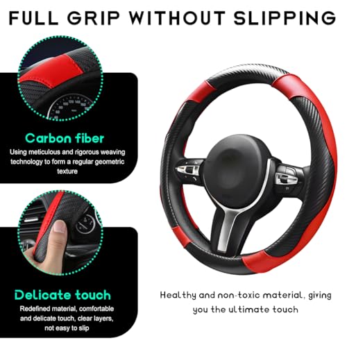 Car Steering Wheel Cover, 15 inch Carbon Fiber Microfiber Leather Elastic Steering Wheel Protector, Breathable Anti-Slip Comfortable Steering Wheel Covers for Most Cars (Black&Red) - color: Black&Red