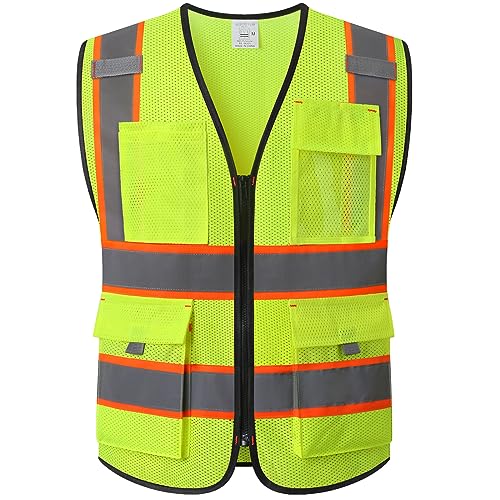 Reflective Safety Vest for Men Women with 9 Pockets and Zipper Front Class 2 High Visibility Mesh Work Vest Hi Vis Construction Vest,Meets ANSI/ISEA Standards(EK176-Yellow-M) - color: Yellowmesh-ek176, size: Medium