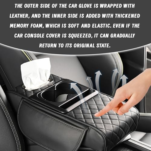 Car Armrest Cushion, 5 in 1 Center Console Cover with 2 Cup Holders, Phone Holder, Tissue Holder, Storage Bag, Multifunctional Leather Heightened Car Armrest Cushion for Most Cars（Black - color: Black