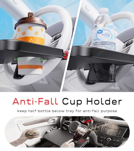 Car Steering Wheel Tray for Drivers Steering Wheel Tray for Dining, Mobile Office & Travel Food with Cup Holder, Scratch-Free EVA Hook Covers, 2-in-1 Desk Table for Car - Black