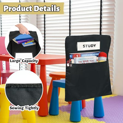 24 Pack Chair Pockets for Classrooms, 16 x 19 inch Pocket Chart Back of Chair Organizer for Kids with Name Slot, Seat Sacks for Classroom Chairs Seat Storage (Black, 24Pack)