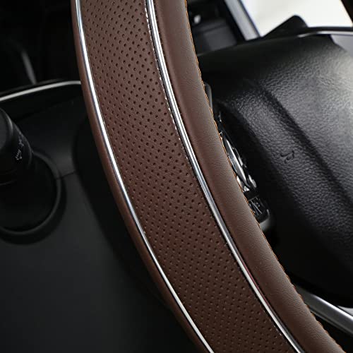 ALEMODR Brown Leather Steering Wheel Cover Fiber Strip Car Steering Wheel Cover Universal 15 inch for Men - color: Brown