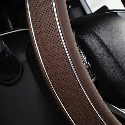 ALEMODR Brown Leather Steering Wheel Cover Fiber Strip Car Steering Wheel Cover Universal 15 inch for Men - color: Brown