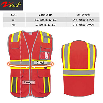 zojo High Visibility Safety Vest, 5PCS,Reflective with Multi-Functional Pockets and Zipper,for Men Women work(Red-Strip) - color: Red-strip