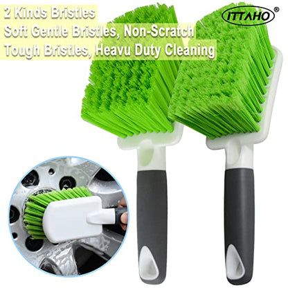 2 Pack Car Wash Brush, Tire Brush for Cleaning Tires, Soft & Stiff Bristle Wheel Cleaner, Car Cleaning Supplies for Wheels, Rims, Carpet, Truck, SUV, Moto, RV, Motorcycle - color: Green