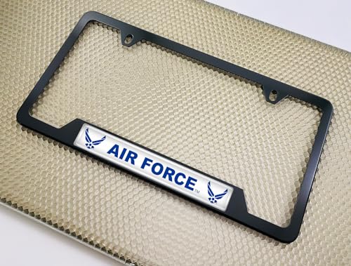 [Officially Licensed Product] - Stainless Steel Matte Black CAR 2-Hole Standard Size - Domed Custom-Made Corrosion-Resistant License Plate Frame with U.S. Air Force Wings & Free caps - (Qty: 1 Frame) - size: U.S. Air Force -Style 2