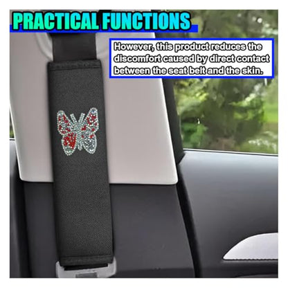 2PCS Bling Car Seat Belt Covers, Polyester Fiber Vehicle Seatbelt Cushion Pad Protector, Butterfly Safe Strap Cover Pad, Comfort Car Seat Belt Shoulder Pads Accessories, Universal Fit (Black/Red) - color: Black/Red
