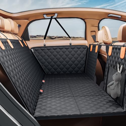 PETICON Back Seat Extender for Dogs, Hard Bottom Dog Car Seat Cover - Supports 400lbs, Rear Seat Pet Cover with Mesh Window, Waterproof Dog Hammock for Car SUV - color: black