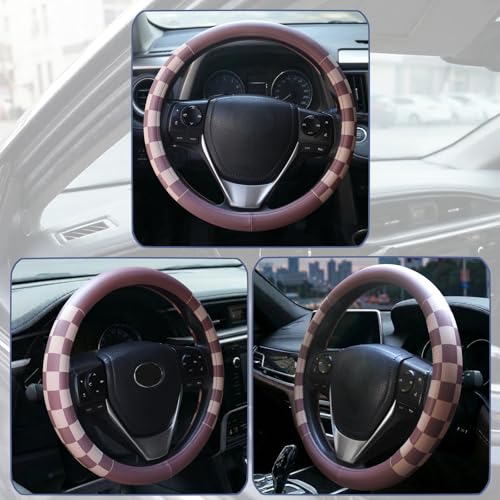 Women Checkered Steering Wheel Cover,Breathable Non-Slip PU Leather Universal 15 Inch Steering Wheel Protector,Fashion Checkerboard Car Interior Car Accessories SUV Truck Men - color: Brown
