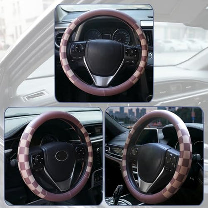 Women Checkered Steering Wheel Cover,Breathable Non-Slip PU Leather Universal 15 Inch Steering Wheel Protector,Fashion Checkerboard Car Interior Car Accessories SUV Truck Men - color: Brown