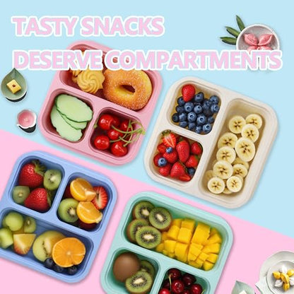Finorder 4 Pack Wheat Straw Containers, Pastel Multi-color 3 Compartment Reusable Snack Bento Box Toddler, Square Meal Prep Food Containers for Kids, Adults, Office and Travel - color: 4 Pack Wheat Straw Containers
