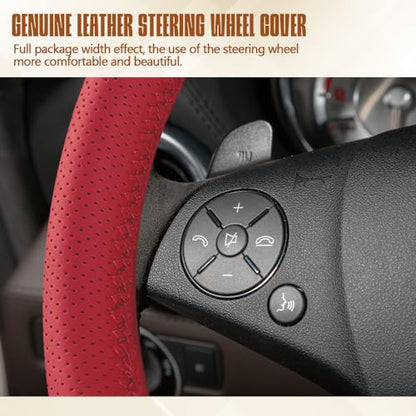 Leather Steering Wheel Cover Lace Up, Car Wheel Cover, Universal Car Steering Wheel Protector, 15 inch, Red, Hole - color: Red, size: 15 inch - Hole