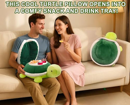 Couch Cup Holder Pillow Tray & Caddy,Headrest and Giant Turtle Stuffed Animal-For Sofa, Bed, Car，Camping, Double Smooth zippers for the shell, soft plush.Spill-Proof Machine Washable tray (23inches）