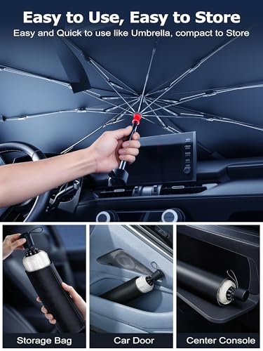 DMJN Umbrella Windshield Sun Shade - Medium, Car Sunshade for Front Windshield [Nano Ice-Crystal Coatings] UPF50+ Heat & UV Block, Protect Interior & Keep Cooler Universal for Car, SUV, Truck - size: Medium(57"l X 31"w)