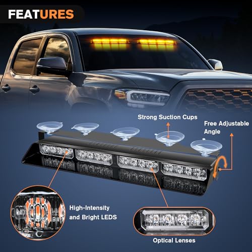 Nilight 32LED Amber Emergency Dash Strobe Lights with Controller Suction Cups Warning Hazard Interior Front/Rear Windshield Deck Split Light Bar for Trucks Construction Vehicles - color: Amber