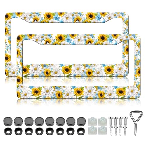Flower License Plate Frame - 2PCS Sunflower Daisy Flowers Floral Stainless Steel Metal License Plate Holder, Rust-Proof Waterproof Car Decorative Tag Frames - color: Sunflower Daisy Flowers