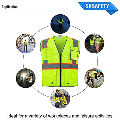 SKSAFETY 10 Pockets Safety Vest, Class 2 High Visibility Security with Zipper Double-sided mesh, Hi Vis Vest with Reflective Strips, ANSI/ISEA Standard, Construction Work Vest （Lime, L） - color: Yellow Mesh, size: Large